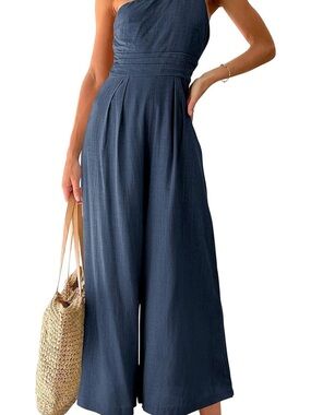 NWOT Navy Smocked One Shoulder Spaghetti Strap High waist jumpsuit Romper Small